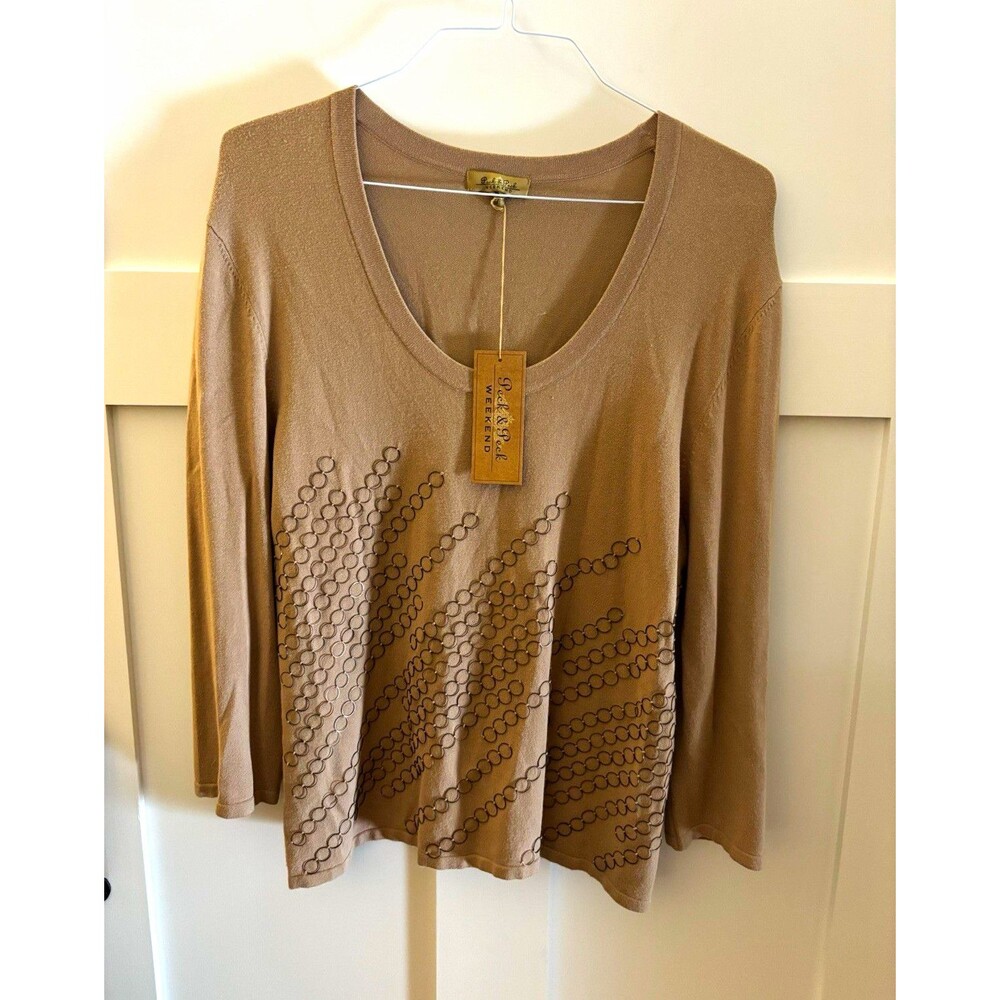 Peck & Peck Weekend Women’s XL Tan Solid Knit Beaded V-Neck Pullover Sweater